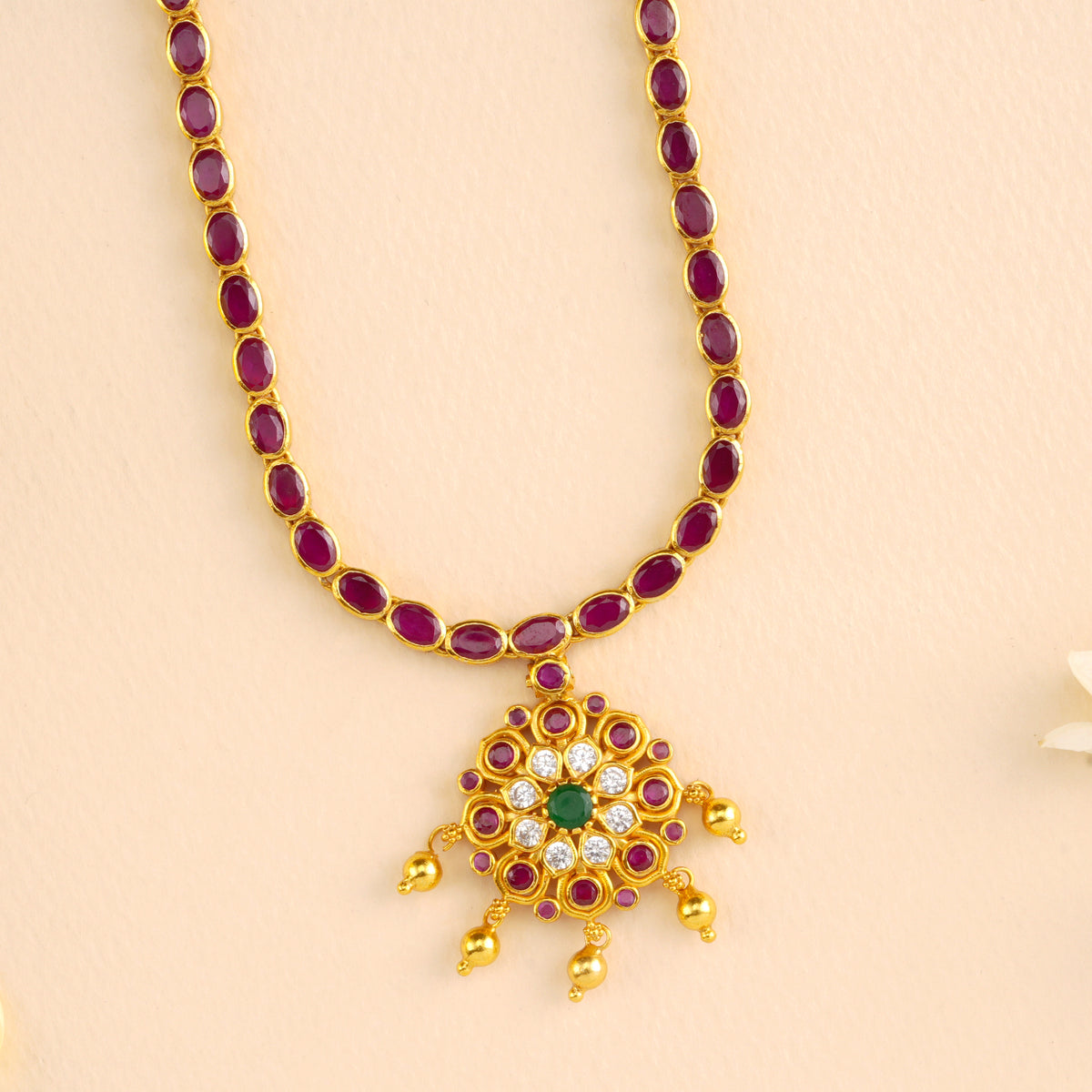 Elegant Ruby Blossom Golden Bead Drop Necklace