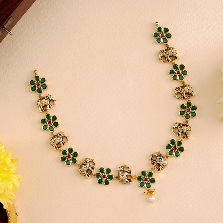 Antique Elephant Emerald Flower Necklace