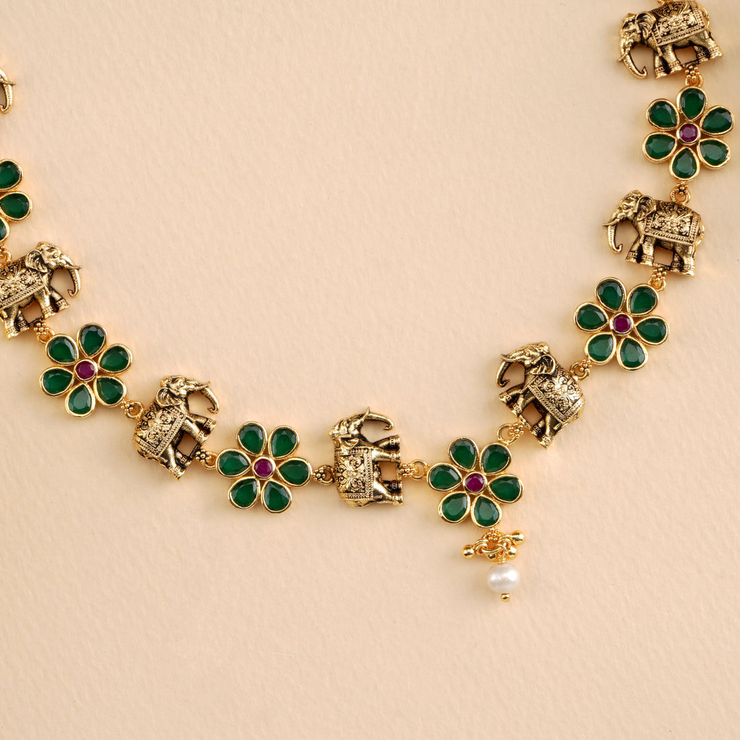 Antique Elephant Emerald Flower Necklace