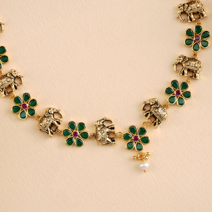 Antique Elephant Emerald Flower Necklace