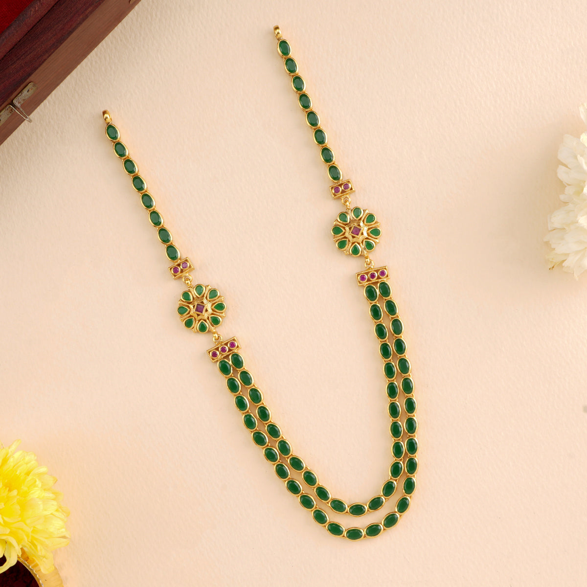 Emerald and Floral Drop Layer Necklace