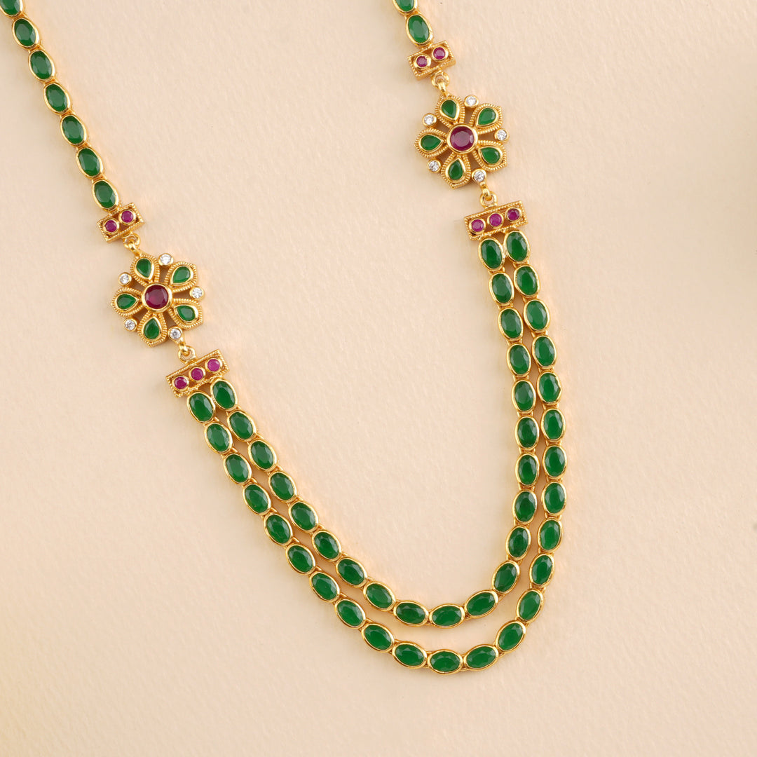 Floral Emerald Oval Dual Layer Necklace