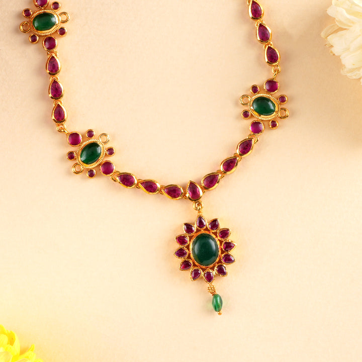 Ruby Blossom Petal with Emerald Necklace