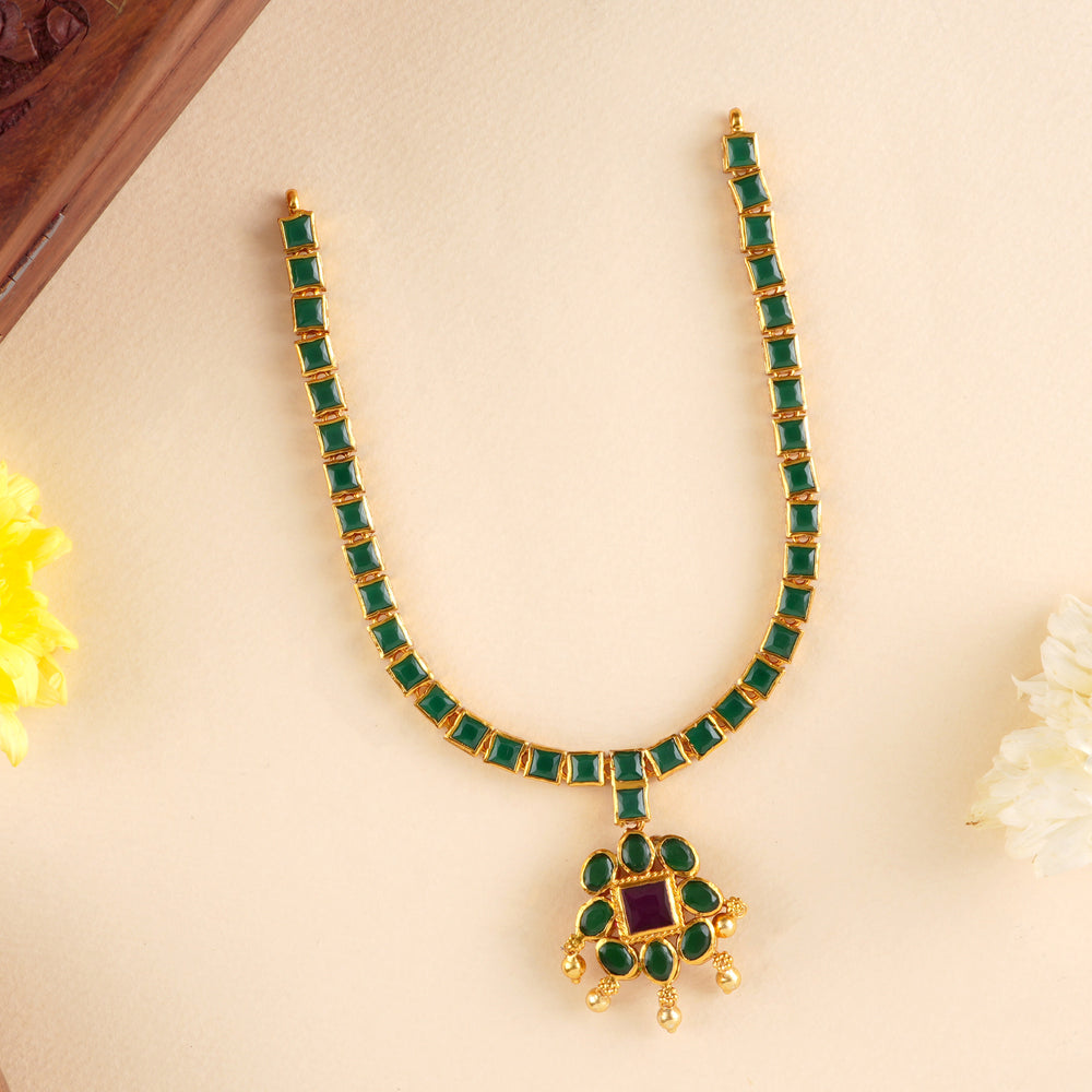Halo Emerald Stone with Golden Drop Necklace