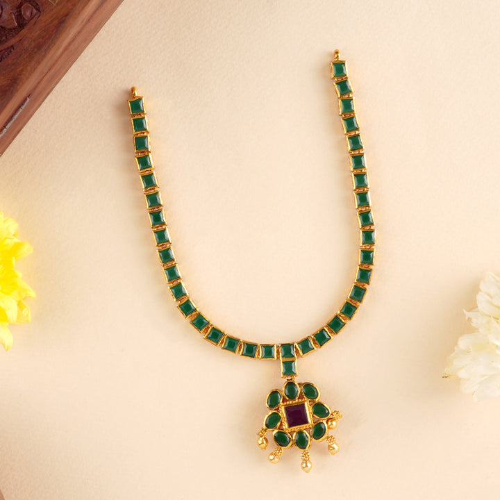 Halo Emerald Stone with Golden Drop Necklace