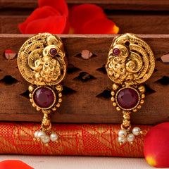 Antique Ruby Peacock with Pearl Drops Earrings