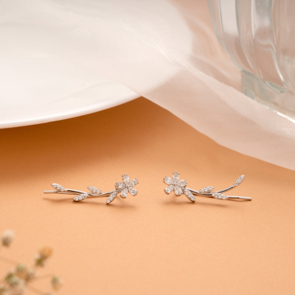 Elegant Crystal Leaf Climber Silver Ear Crawlers