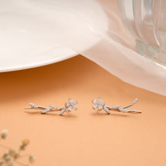 Elegant Crystal Leaf Climber Silver Ear Crawlers