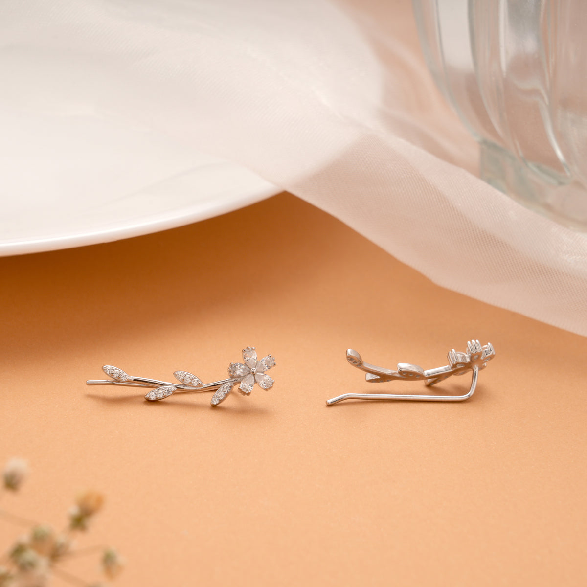 Elegant Crystal Leaf Climber Silver Ear Crawlers