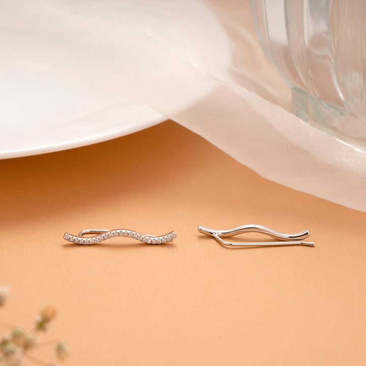 Beautiful Wave Design Silver Ear Climbers