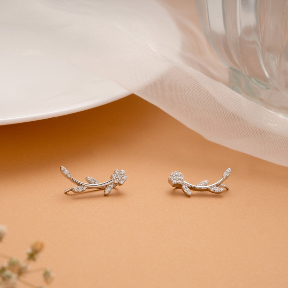 Dainty Crystal Leafy Ear Silver Crawlers
