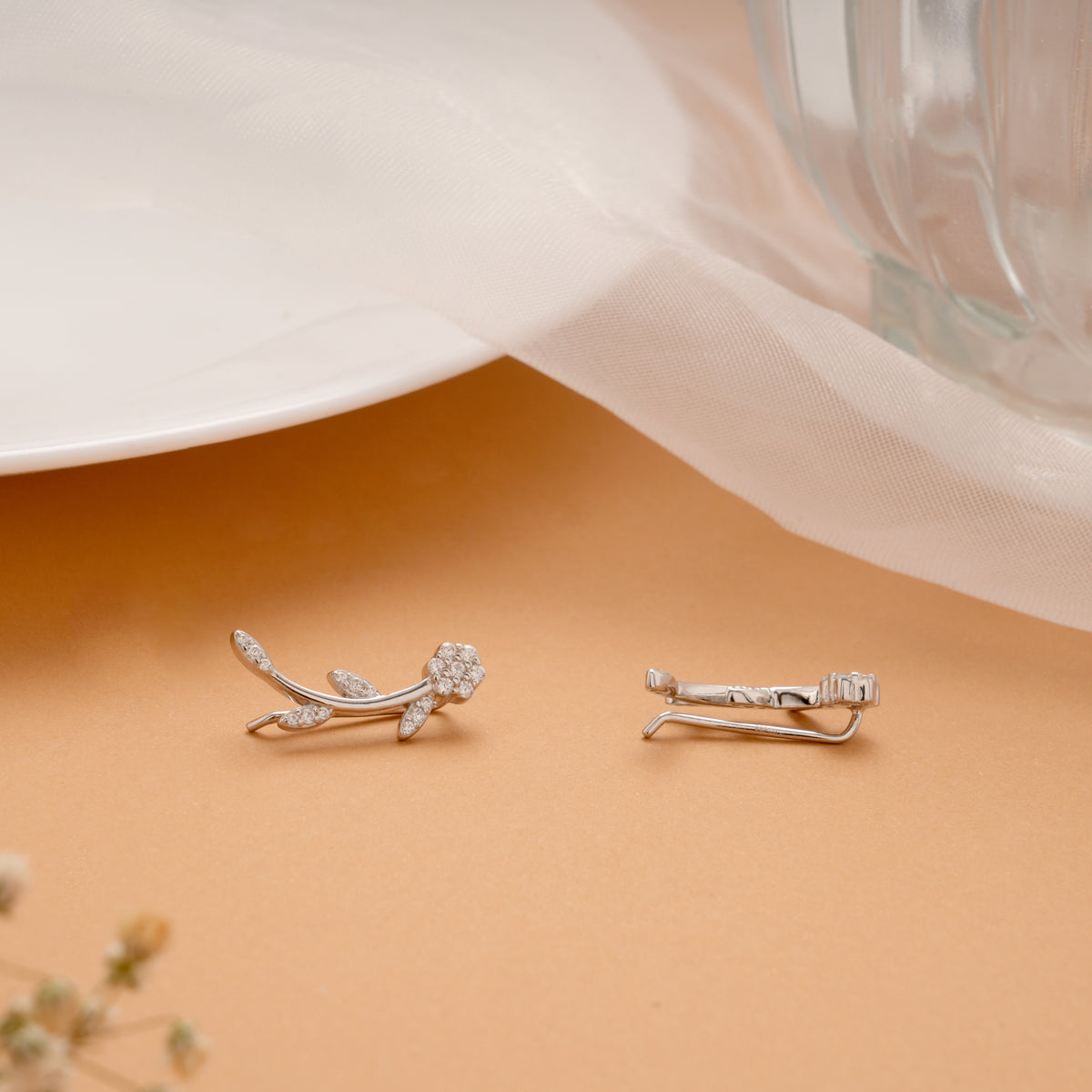 Dainty Crystal Leafy Ear Silver Crawlers