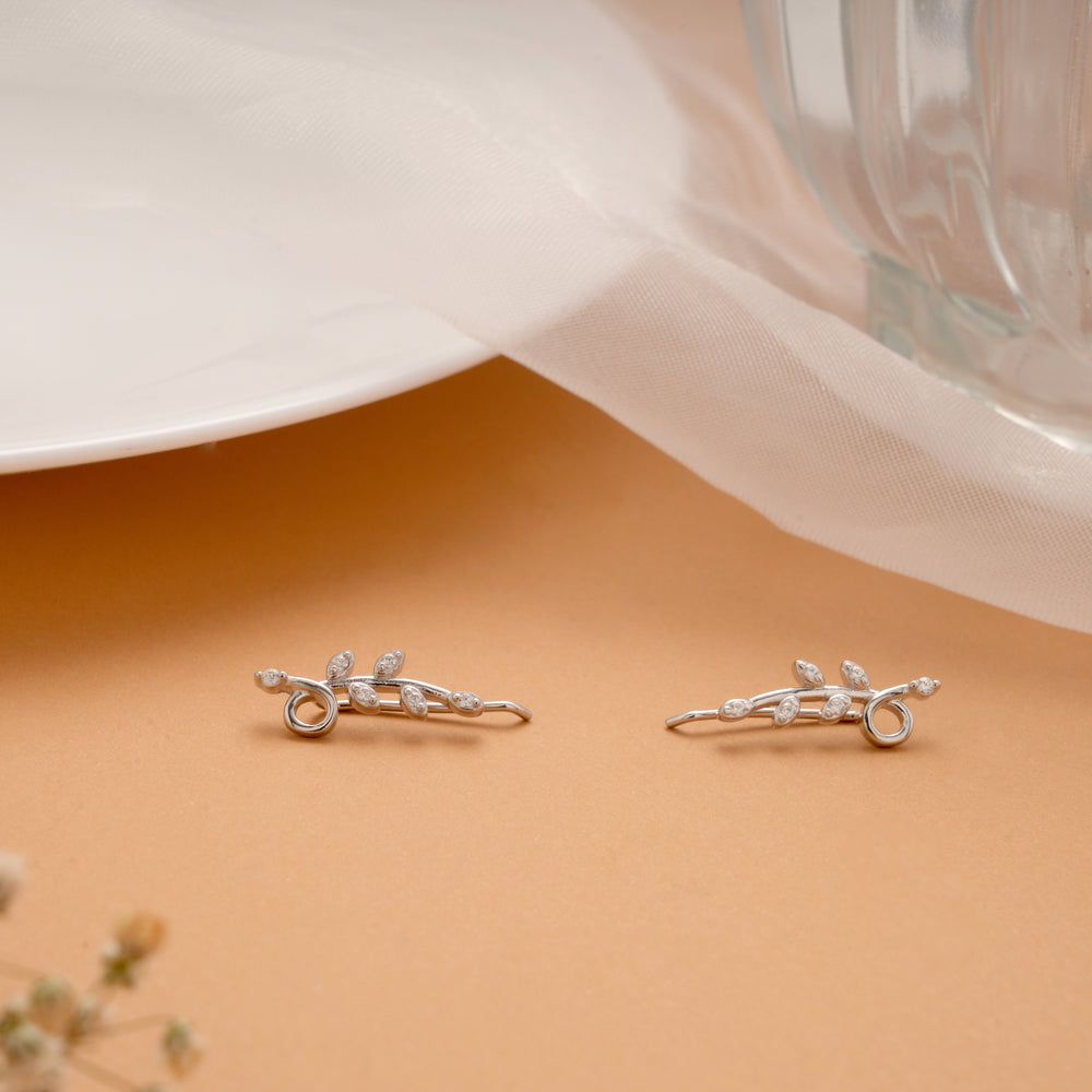 Ethnic Twisted Leafy Stone Silver Ear Crawlers