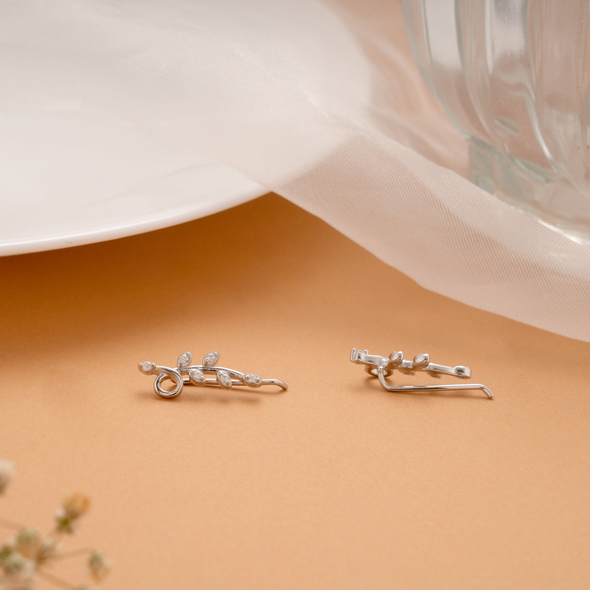 Ethnic Twisted Leafy Stone Silver Ear Crawlers