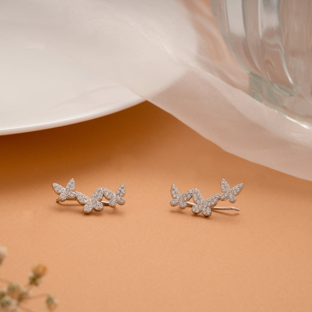 Sparkling Triple Butterfly Stone Silver Ear Climbers