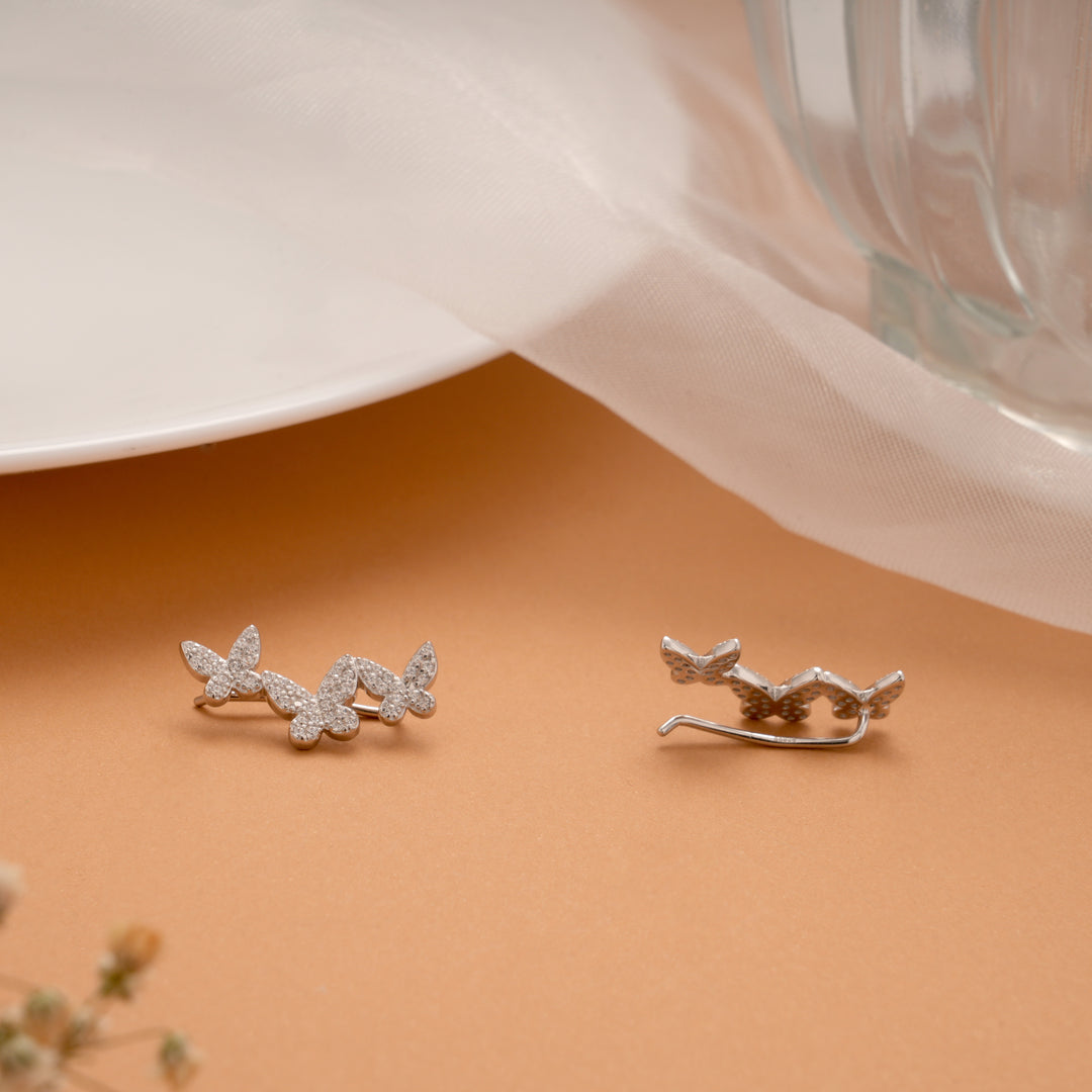 Sparkling Triple Butterfly Stone Silver Ear Climbers