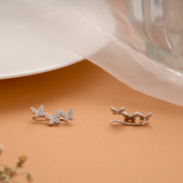 Sparkling Triple Butterfly Stone Silver Ear Climbers