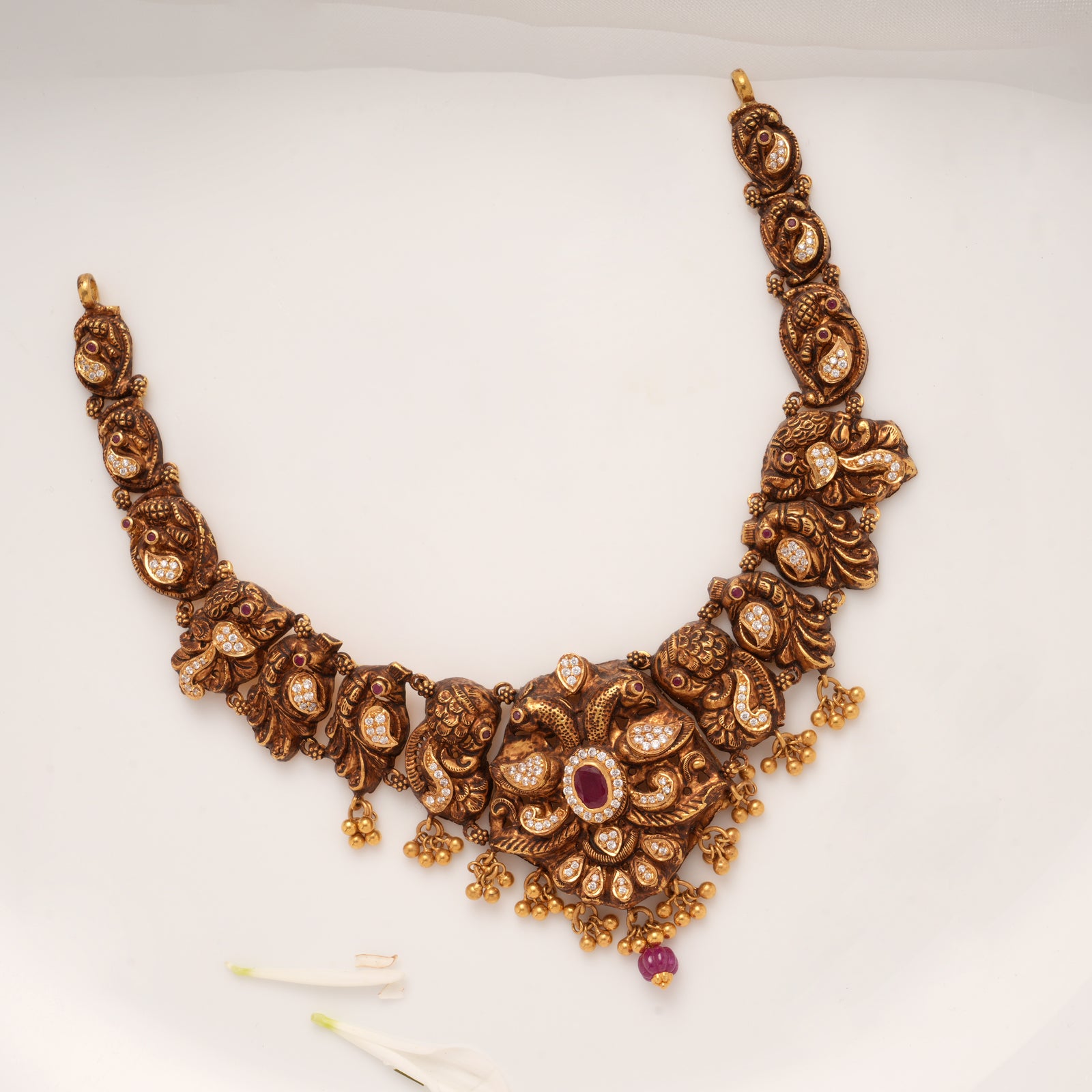 Antique Peacock Ruby Drop Gold Necklace