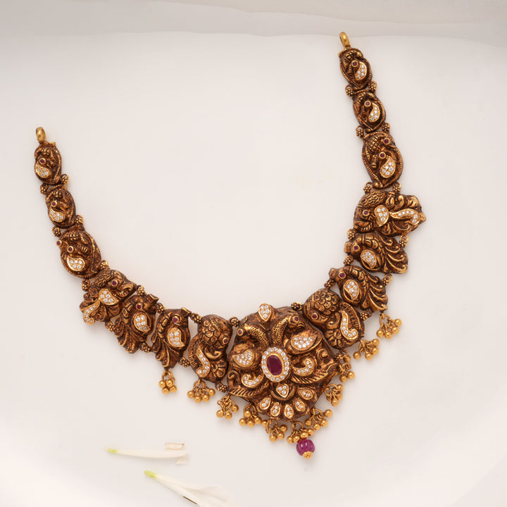 Antique Peacock Ruby Drop Gold Necklace