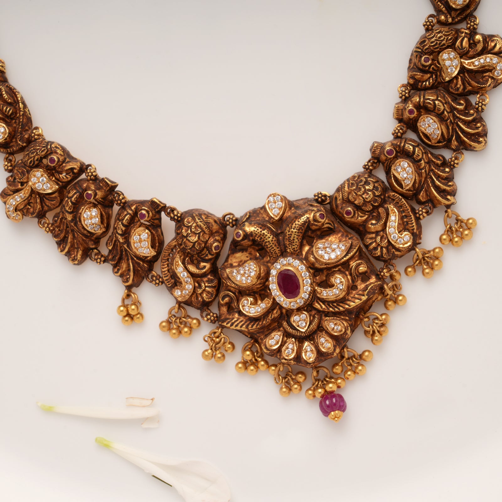 Antique Peacock Ruby Drop Gold Necklace