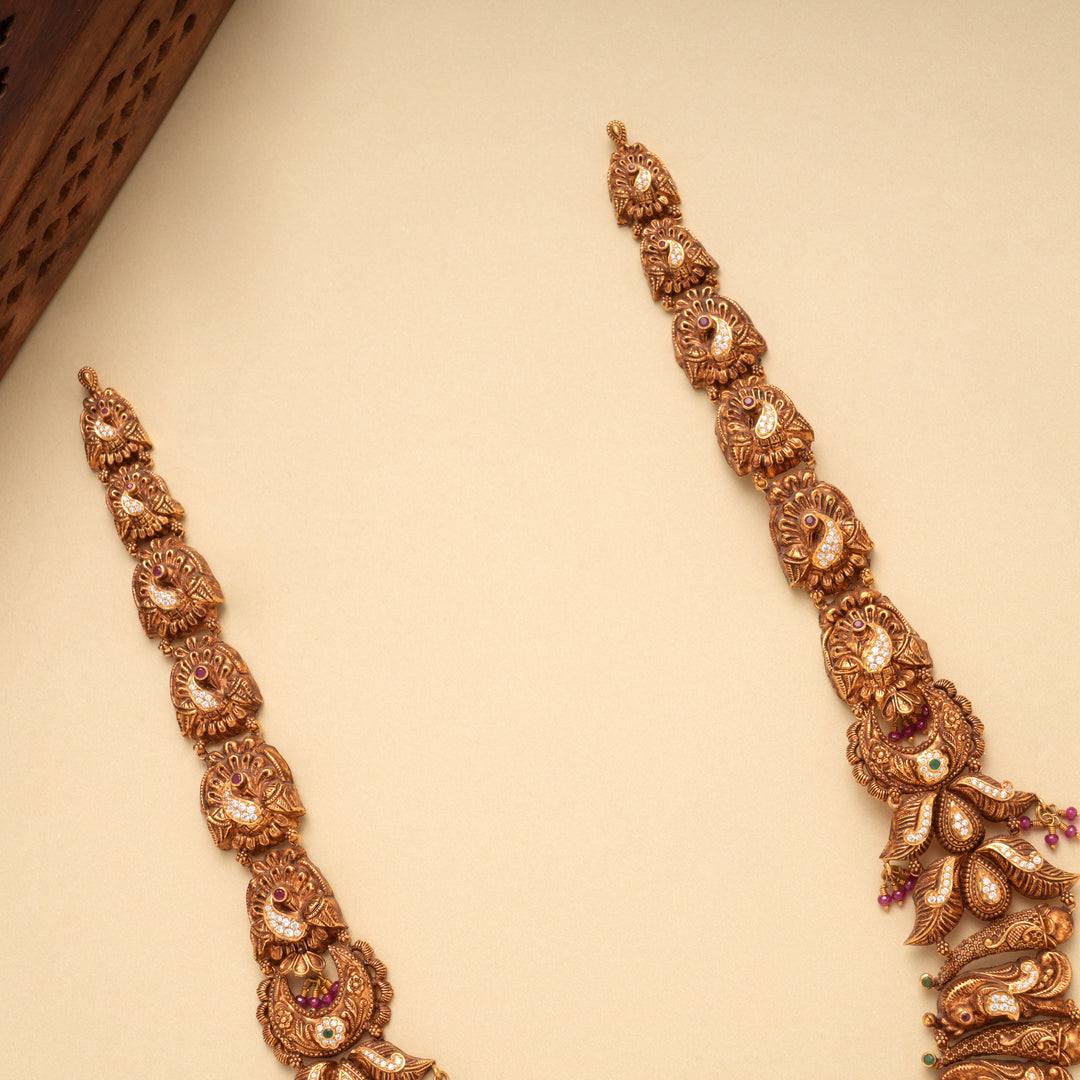 Antique Lakshmi Devi Peacock Ruby Drops Gold Haram