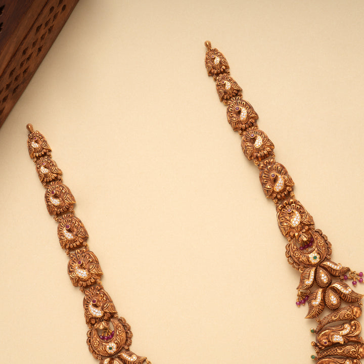 Antique Lakshmi Devi Peacock Ruby Drops Gold Haram