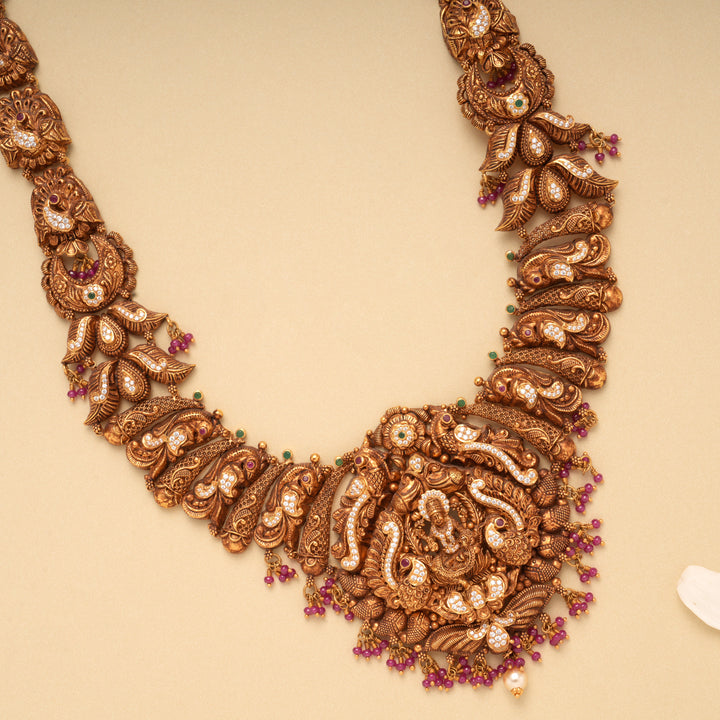 Antique Lakshmi Devi Peacock Ruby Drops Gold Haram