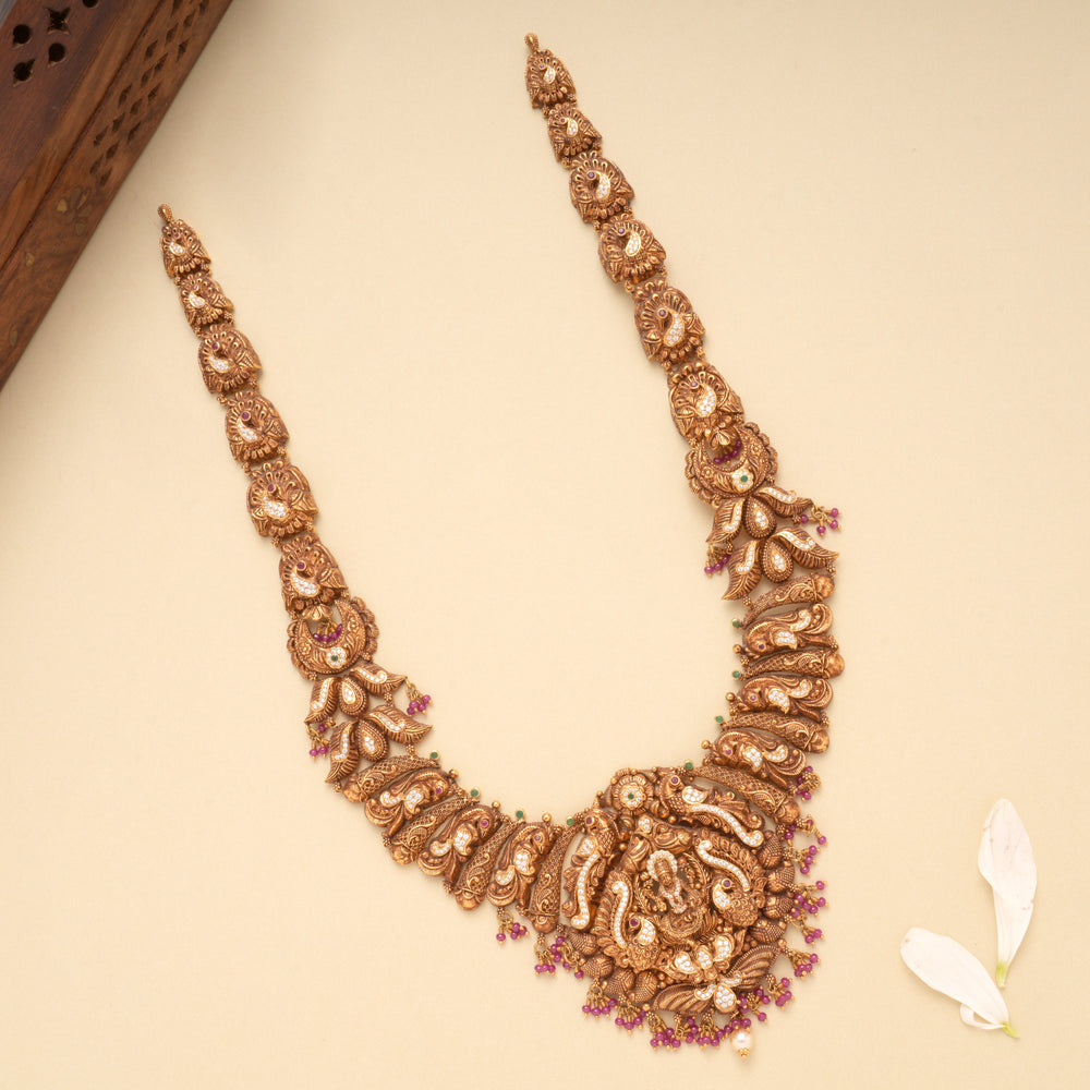 Antique Lakshmi Devi Peacock Ruby Drops Gold Haram