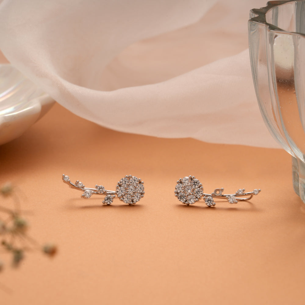 Delicate Floral Design Silver Ear Crawlers