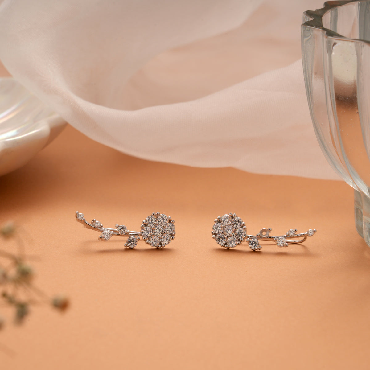 Delicate Floral Design Silver Ear Crawlers