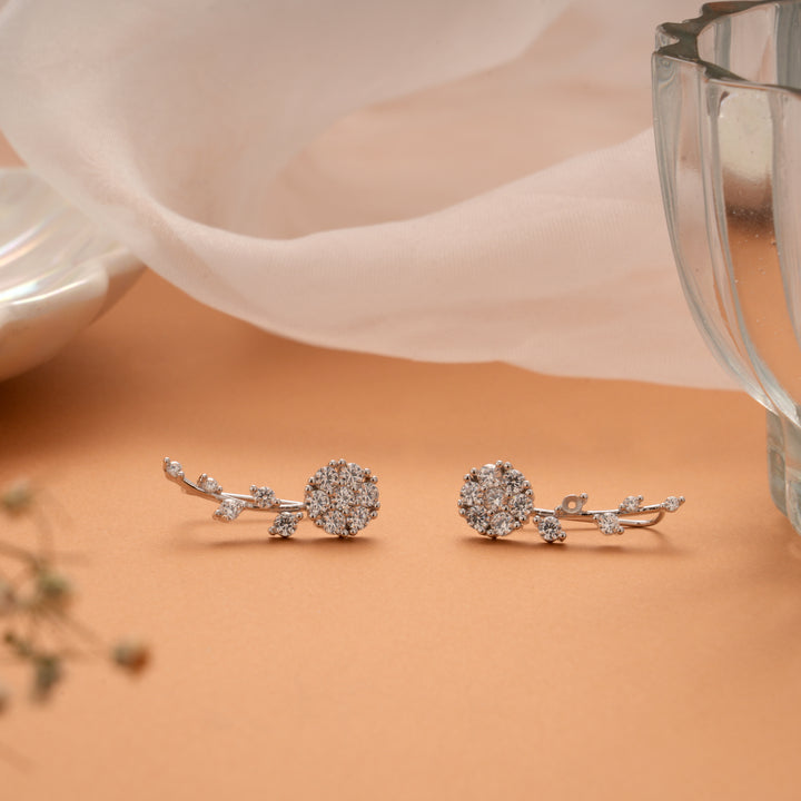 Delicate Floral Design Silver Ear Crawlers
