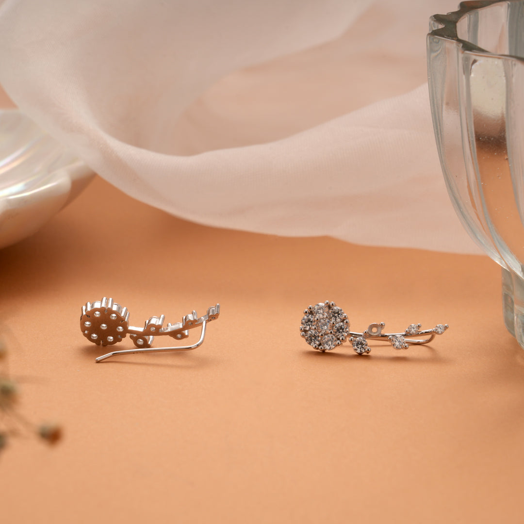 Delicate Floral Design Silver Ear Crawlers