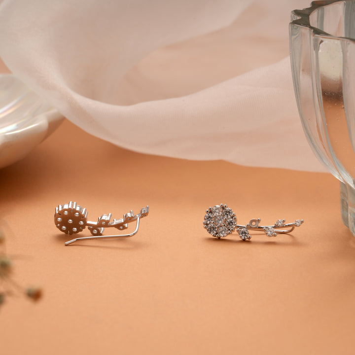 Delicate Floral Design Silver Ear Crawlers