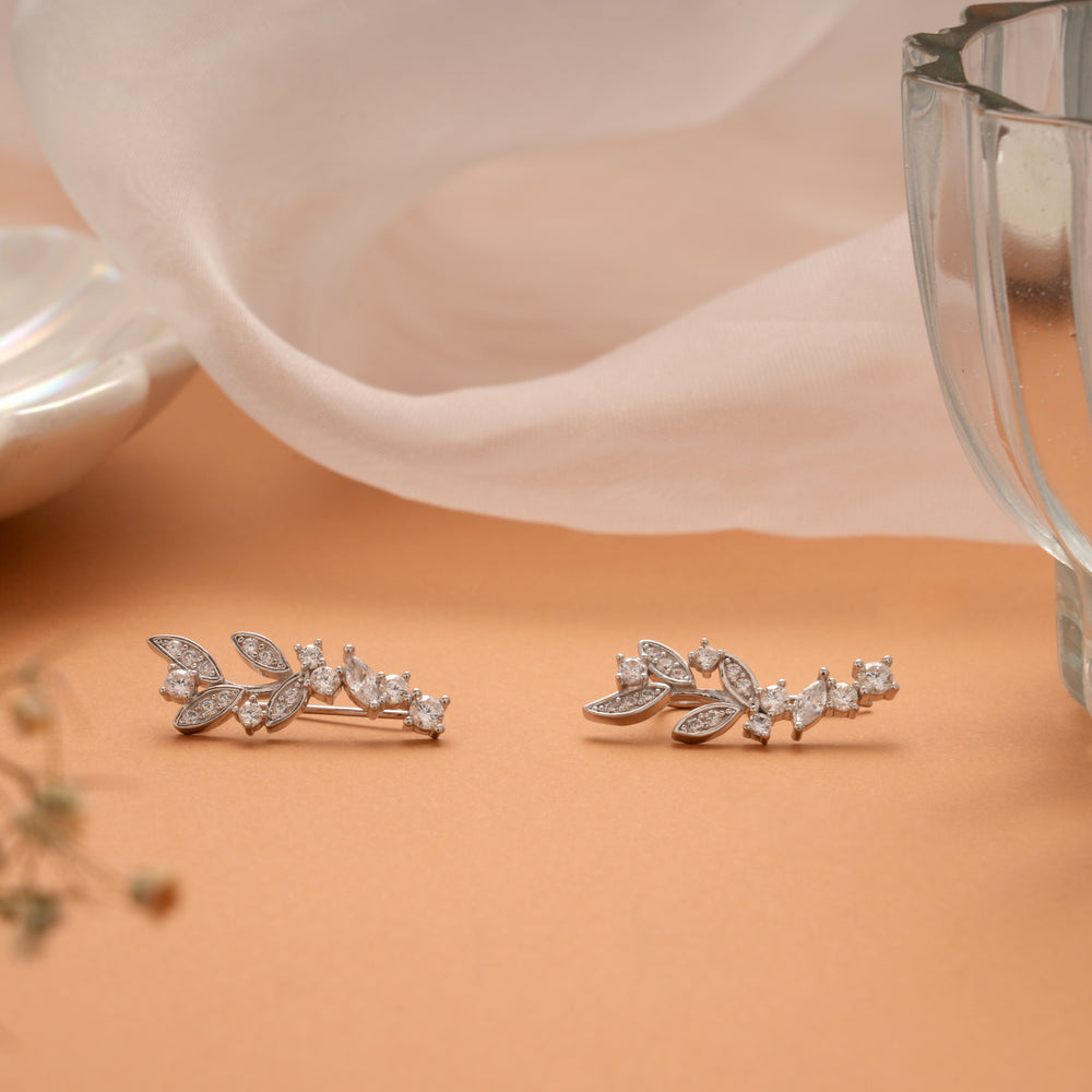 Delicate Leafy Design Silver Ear Crawlers