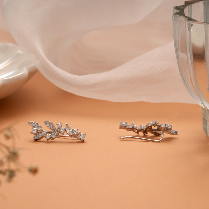Delicate Leafy Design Silver Ear Crawlers