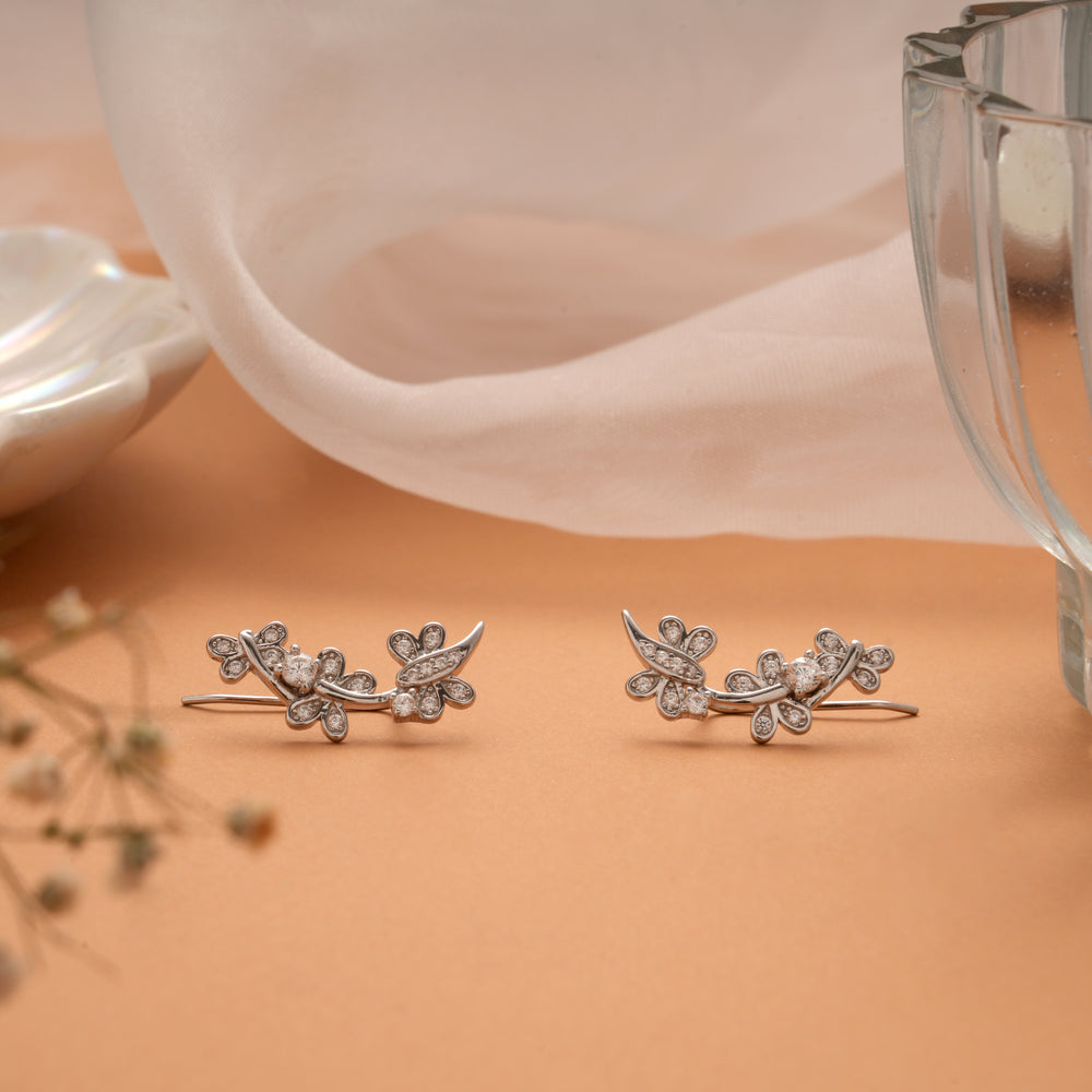 Floral Climber Design Silver Ear Crawlers