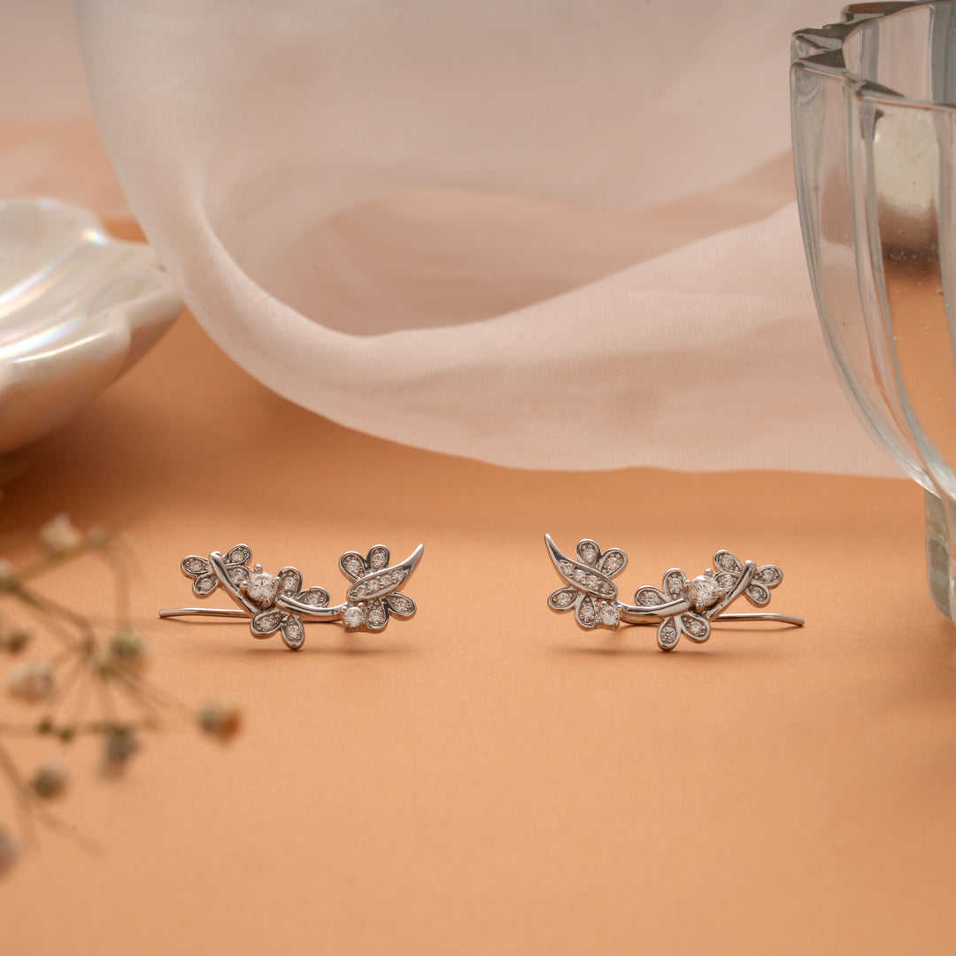 Floral Climber Design Silver Ear Crawlers