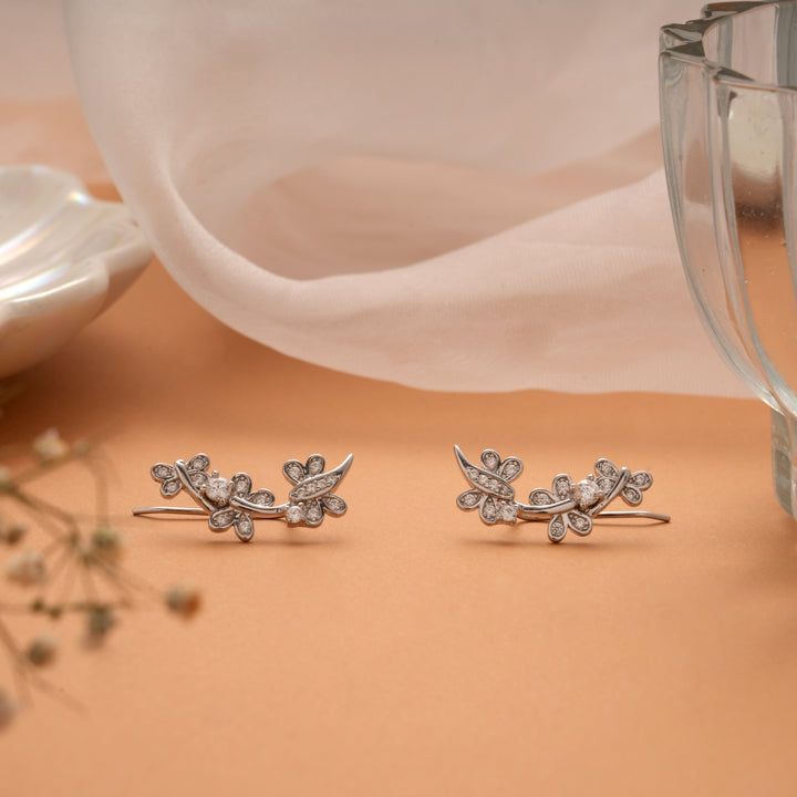 Floral Climber Design Silver Ear Crawlers