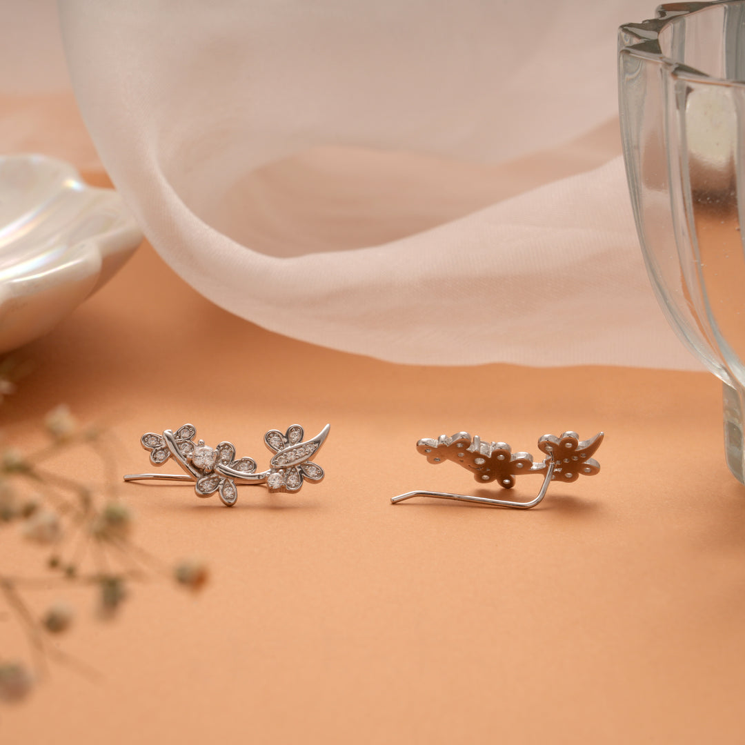 Floral Climber Design Silver Ear Crawlers