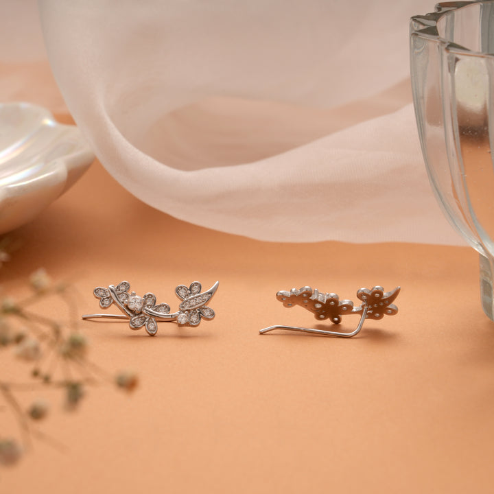 Floral Climber Design Silver Ear Crawlers