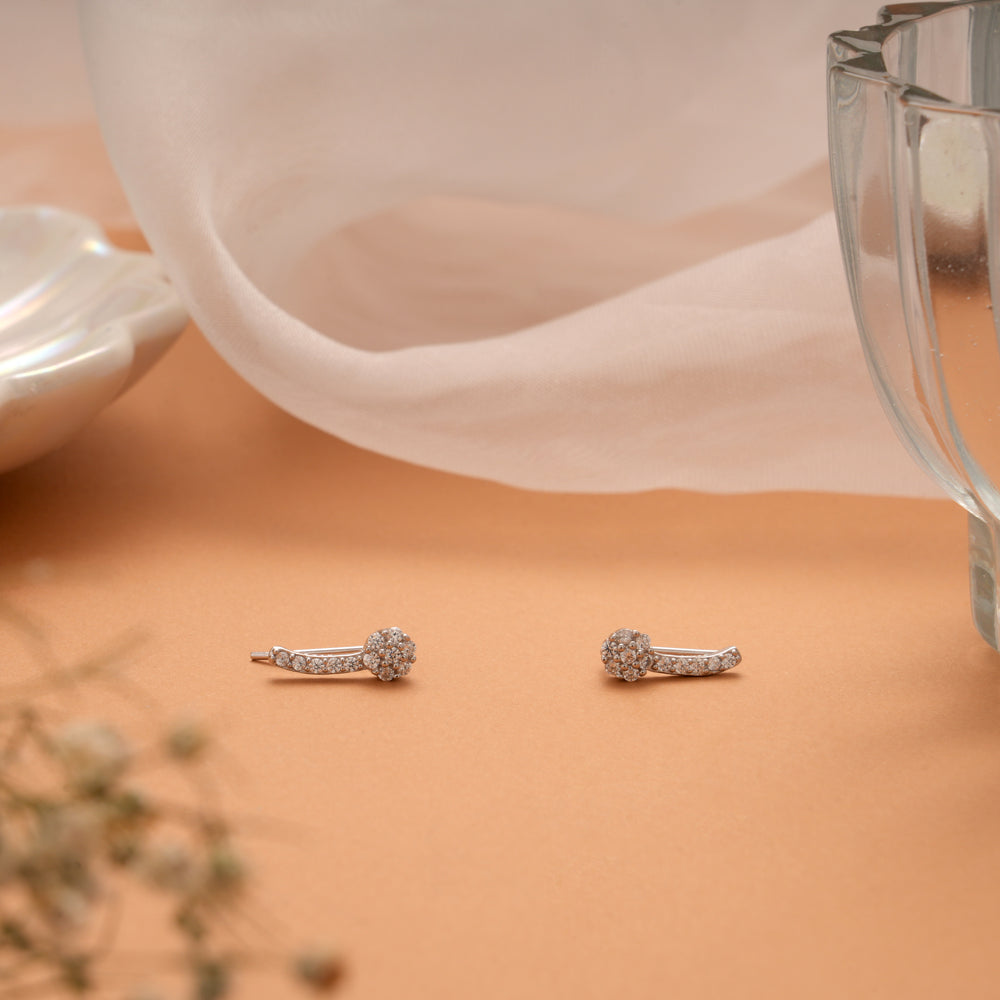 Tiny Charm Floral Design Silver Ear Climbers