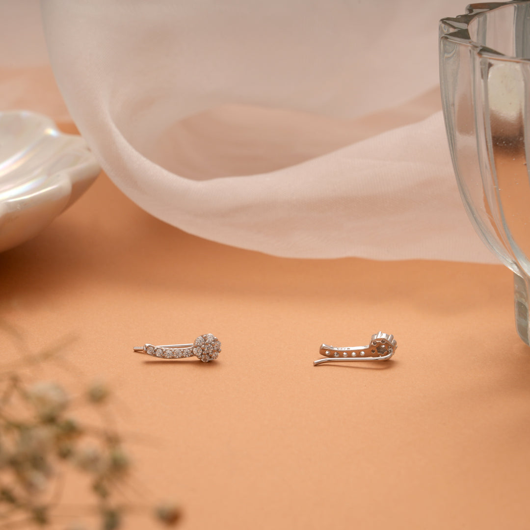 Tiny Charm Floral Design Silver Ear Climbers