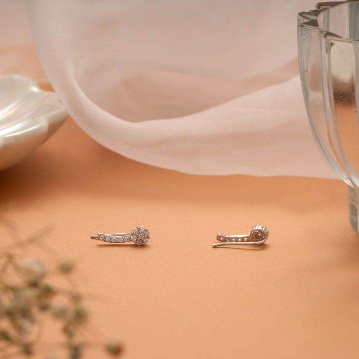 Tiny Charm Floral Design Silver Ear Climbers