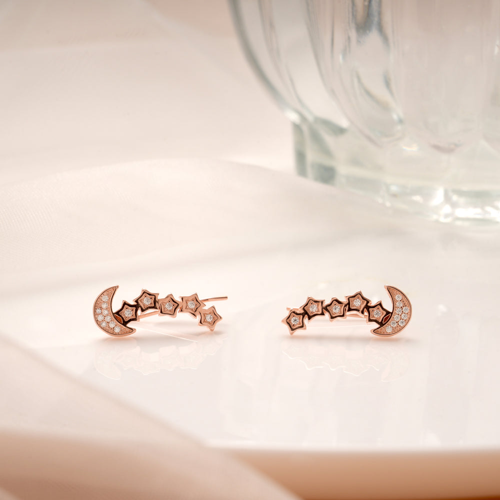 Silver Star and Moon Rose Gold Ear Crawlers