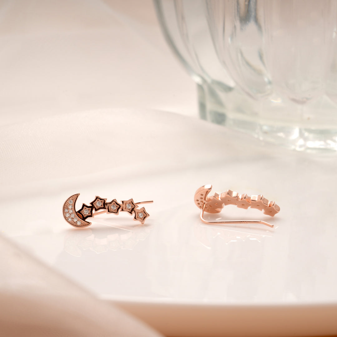 Silver Star and Moon Rose Gold Ear Crawlers