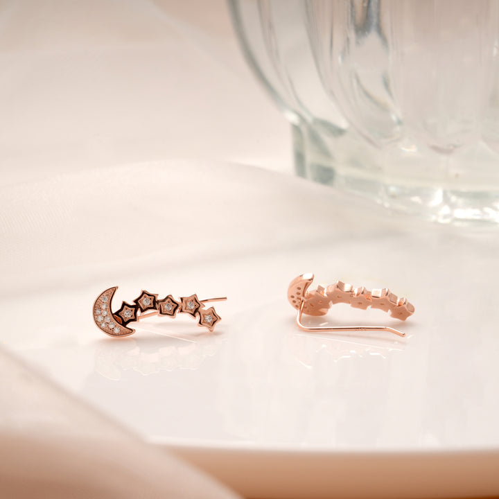 Silver Star and Moon Rose Gold Ear Crawlers