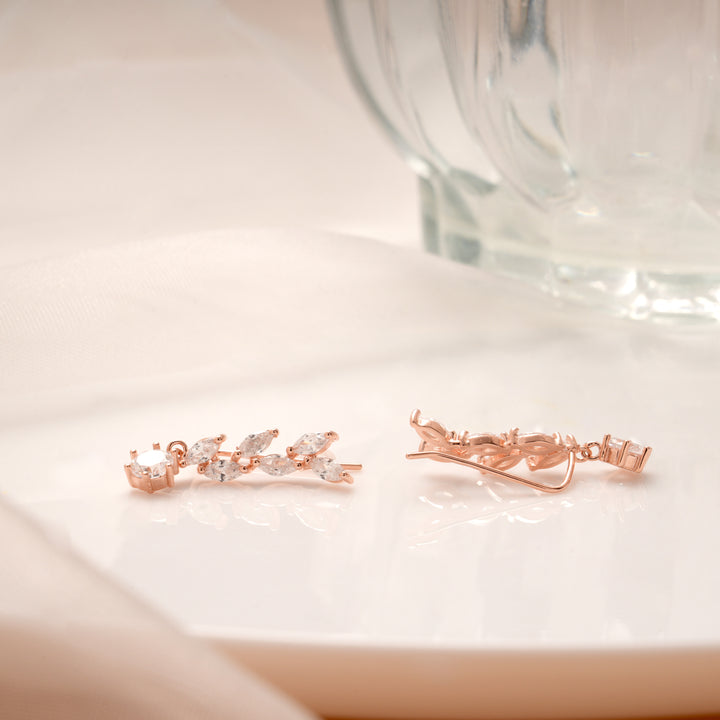 Delicate Leaf Design Rose Gold Silver Ear Climbers