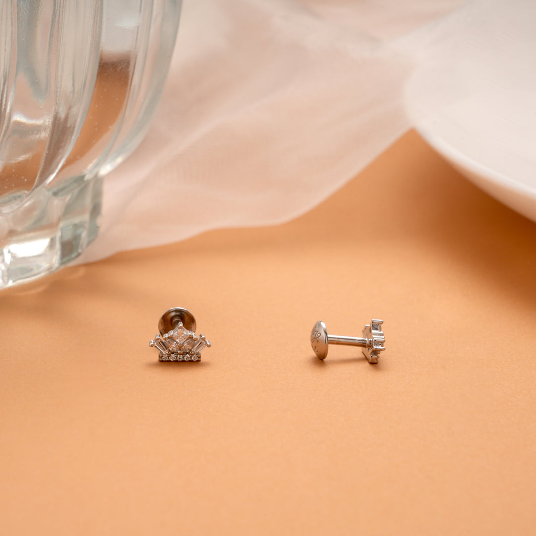 Sparkling Crown Design Silver Side Stud