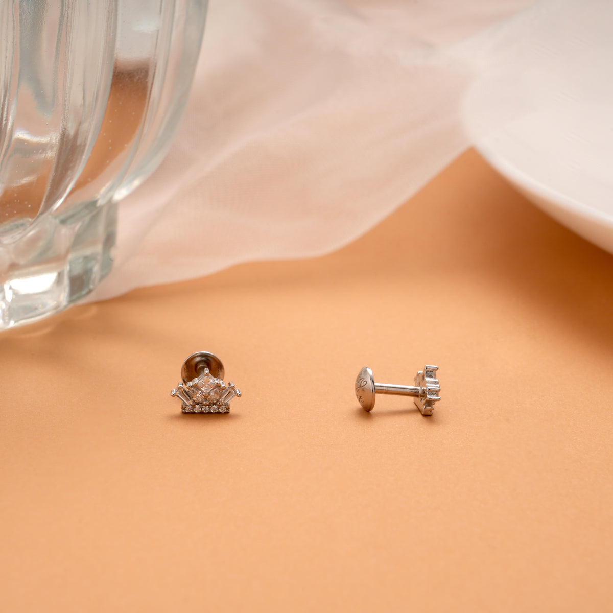Sparkling Crown Design Silver Side Stud