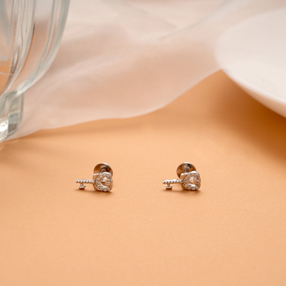 Cute Little Heart and Key Silver Stud